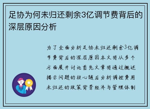 足协为何未归还剩余3亿调节费背后的深层原因分析