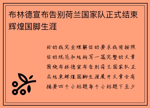 布林德宣布告别荷兰国家队正式结束辉煌国脚生涯