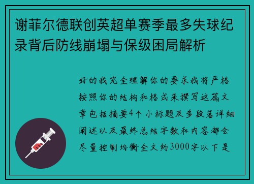 谢菲尔德联创英超单赛季最多失球纪录背后防线崩塌与保级困局解析